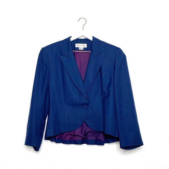 Vintage 70s/80s Christian Dior Pleated Back Wool Suit Blazer Medium/Large Navy - Picture 4 of 15